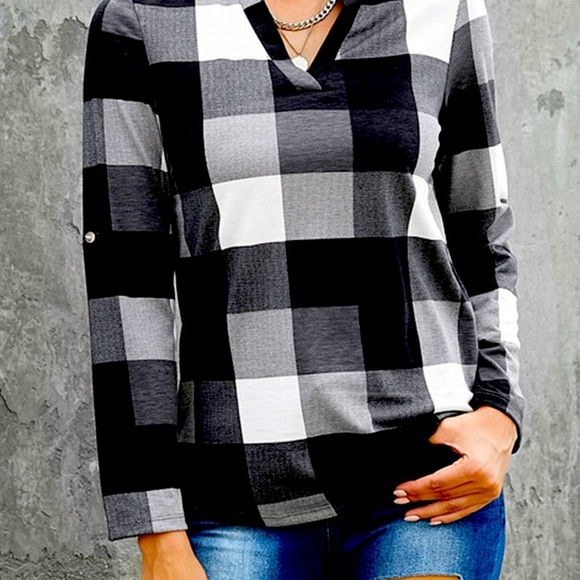 Fashion Plaid Split V-Neck Roll-Tab Tunic Size L - Picture 1 of 9